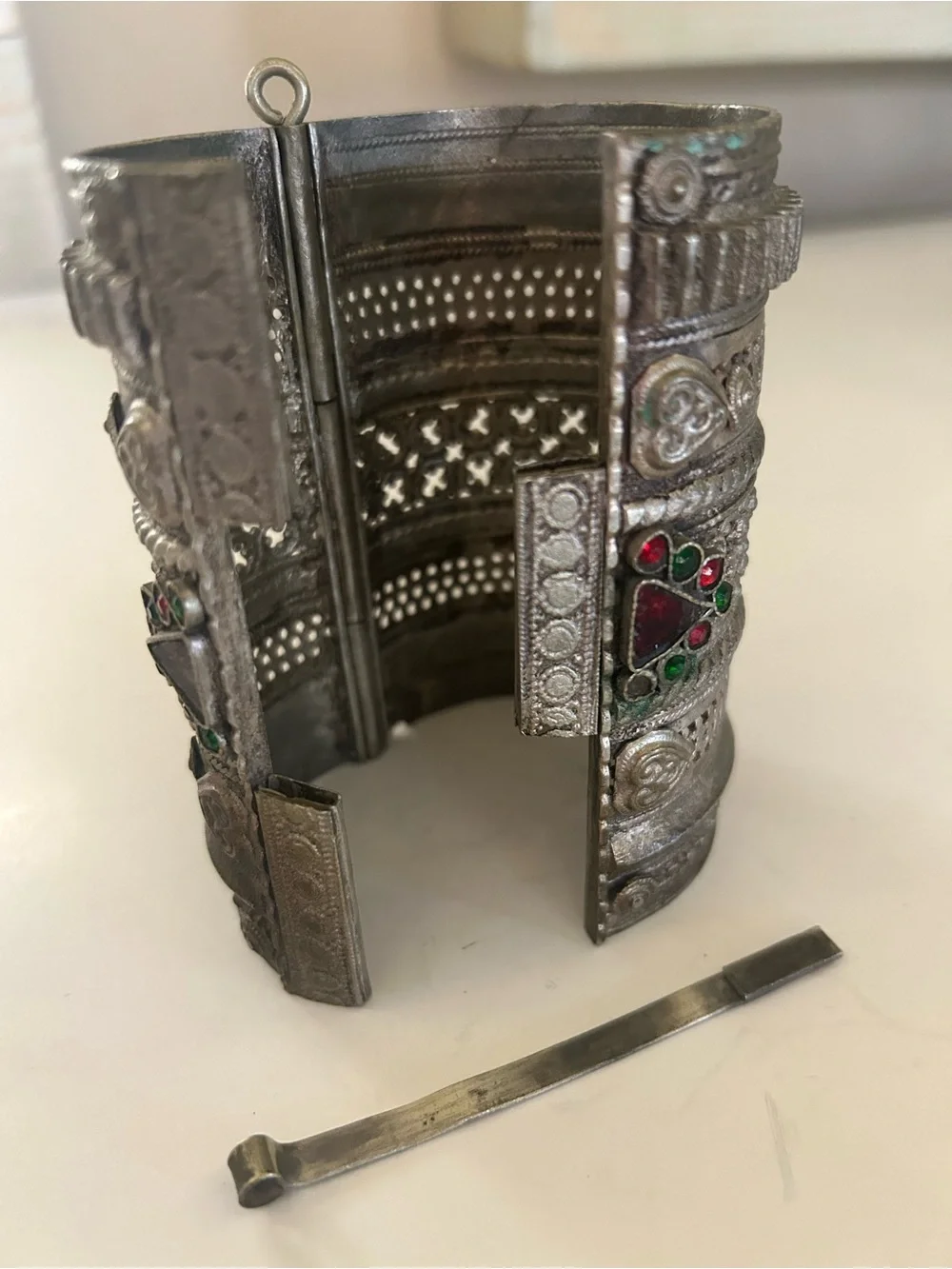 Ornate Silver-Tone Decorative Cuff with Red & Green Stones from India
